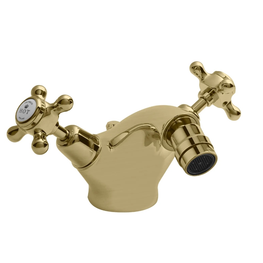 BC Designs Victrion Brushed Gold Crosshead Mono Bidet Mixer & Pop Up Waste Cut Out